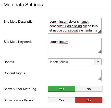Meta settings in Global Configuration Joomla